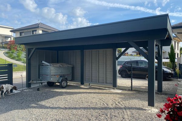 Carport toit plat, 3×7 m, couverture membrane EPDM gravillonnée, bardage démontable