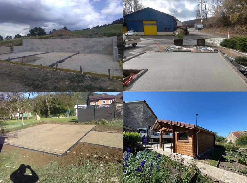 Étapes d'un chantier clé en main Tonnaire : soubassement en parpaings, dalle béton, plateforme gravillonnée et construction bois livrée
